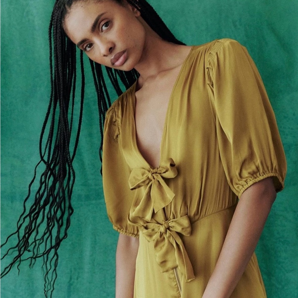 THE GREAT. Olive Green Tie-Front Midi Dress